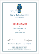 Monde Selection Gold Award Organic Aloe (2013)